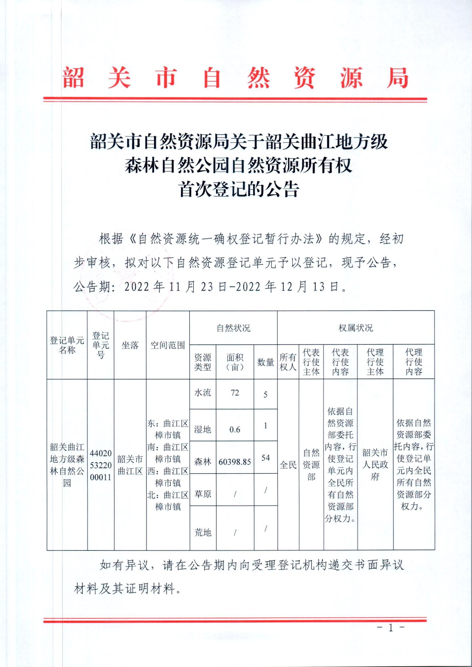 韶关市自然资源局关于韶关曲江地方级森林自然公园自然资源所有权首次登记的公告_页面_1.jpg