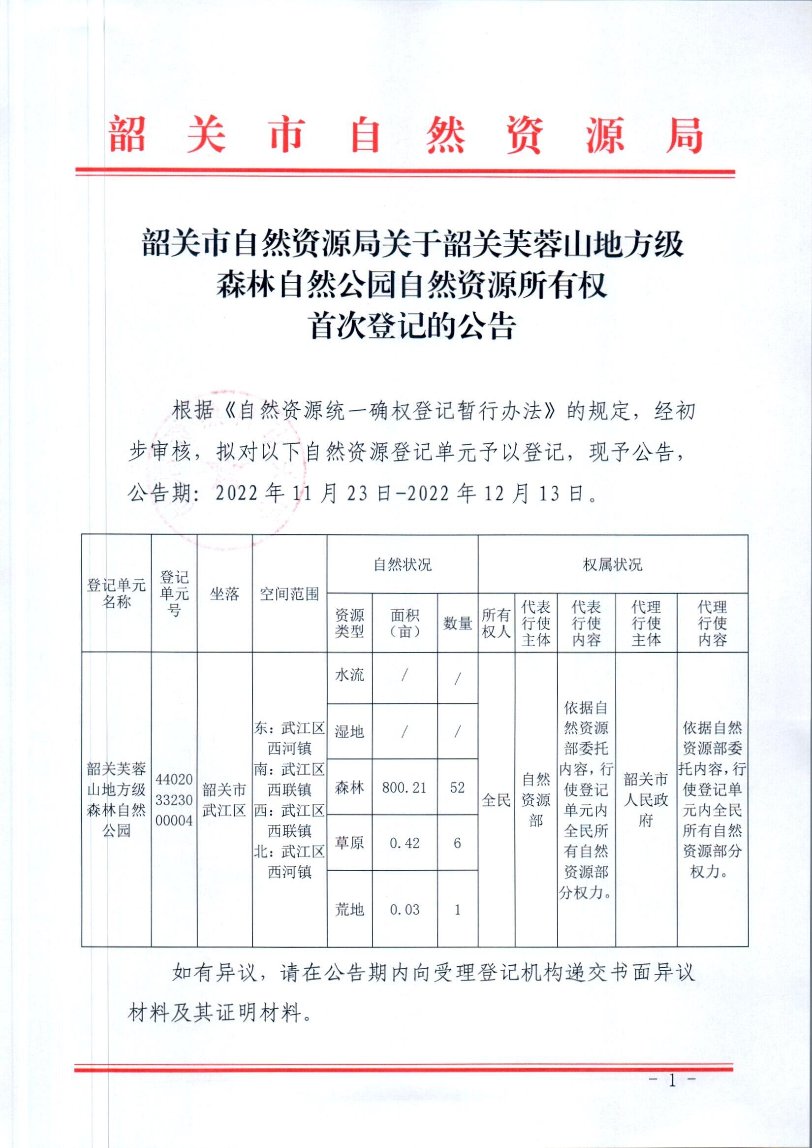 韶关市自然资源局关于韶关芙蓉山地方级森林自然公园自然资源所有权首次登记的公告_页面_1.jpg