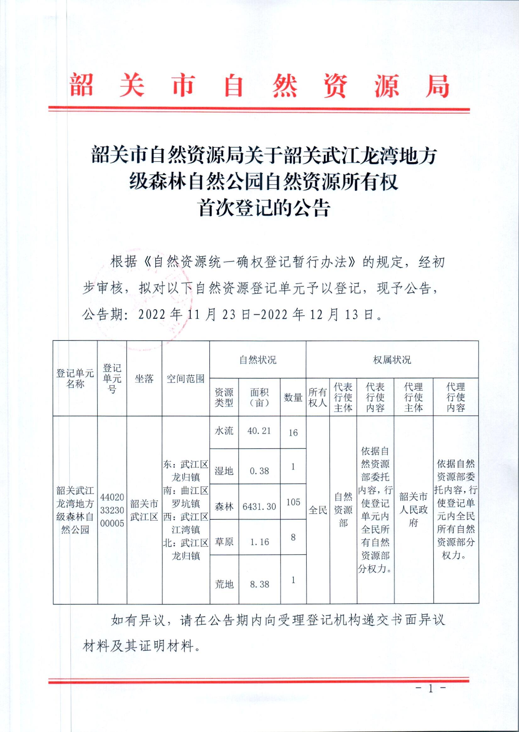 韶关市自然资源局关于韶关武江龙湾地方级森林自然公园自然资源所有权首次登记的公告_页面_1.jpg