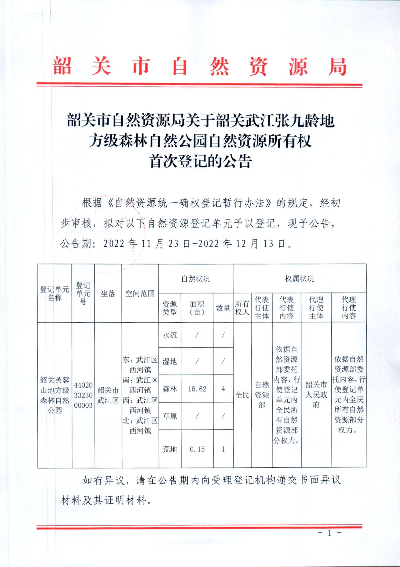 韶关市自然资源局关于韶关武江张九龄地方级森林自然公园自然资源所有权首次登记的公告_页面_1.jpg