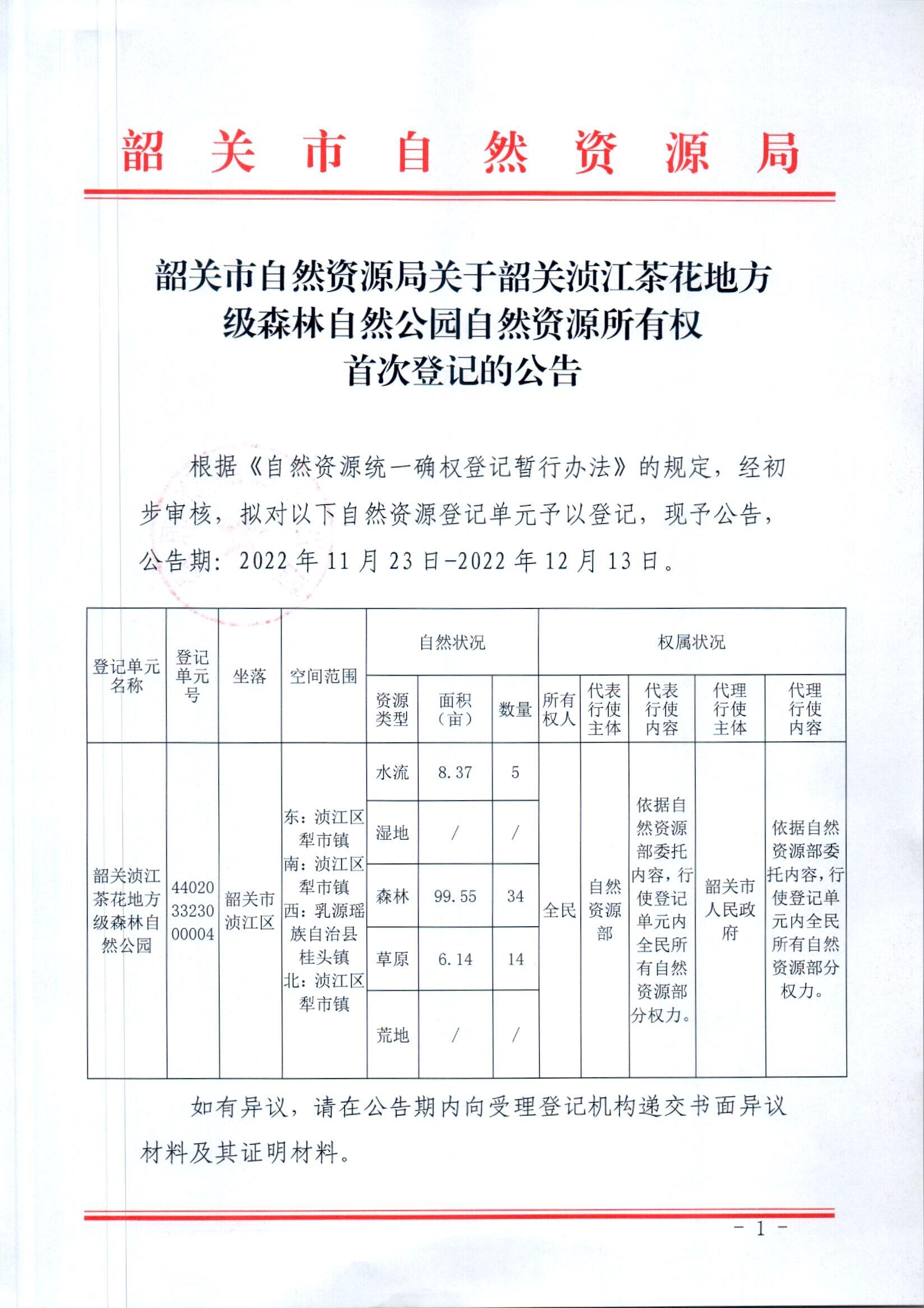 韶关市自然资源局关于韶关浈江茶花地方级森林自然公园自然资源所有权首次登记的公告_页面_1.jpg