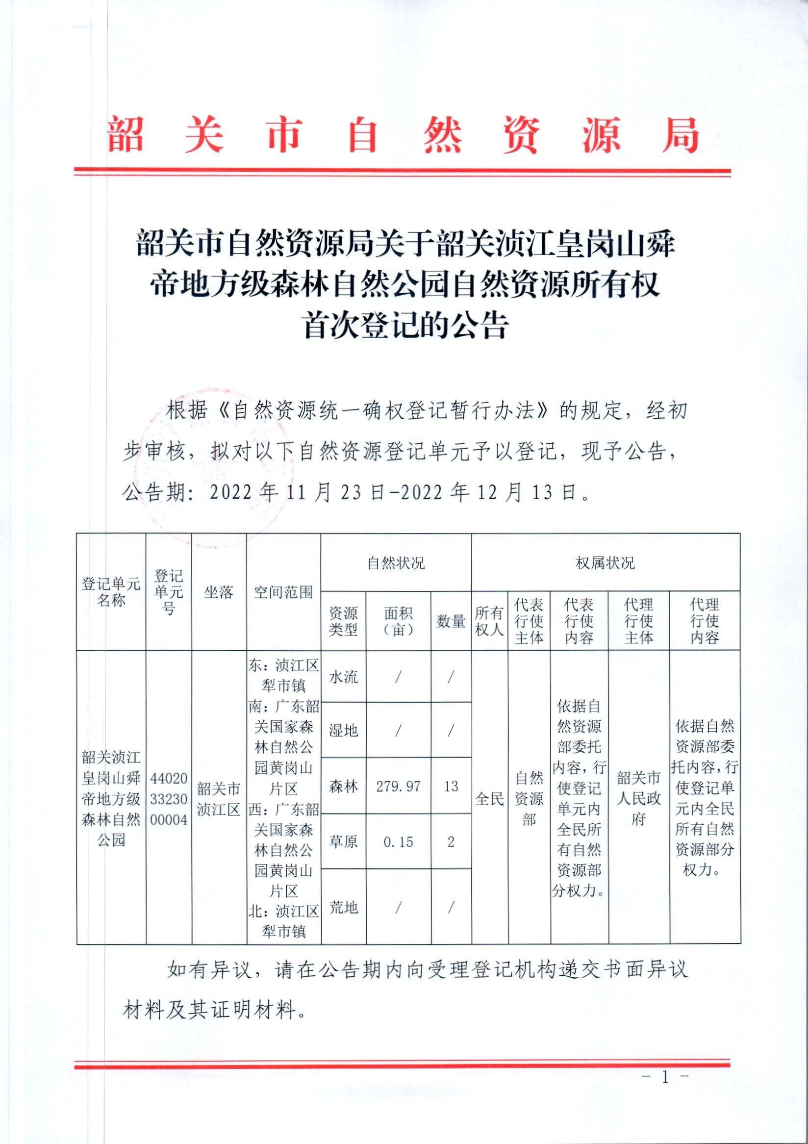 韶关市自然资源局关于韶关浈江皇岗山舜帝地方级森林自然公园自然资源所有权首次登记的公告_页面_1.jpg