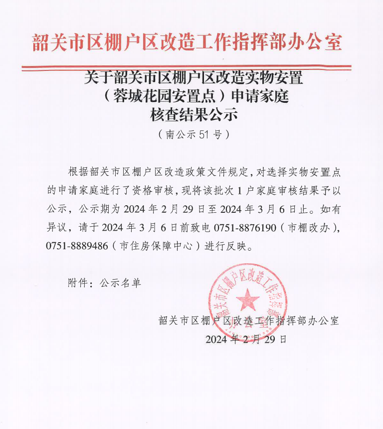 关于韶关市区棚户区改造实物安置（蓉城花园安置点）申请家庭核查结果公示（南公示51号）.png