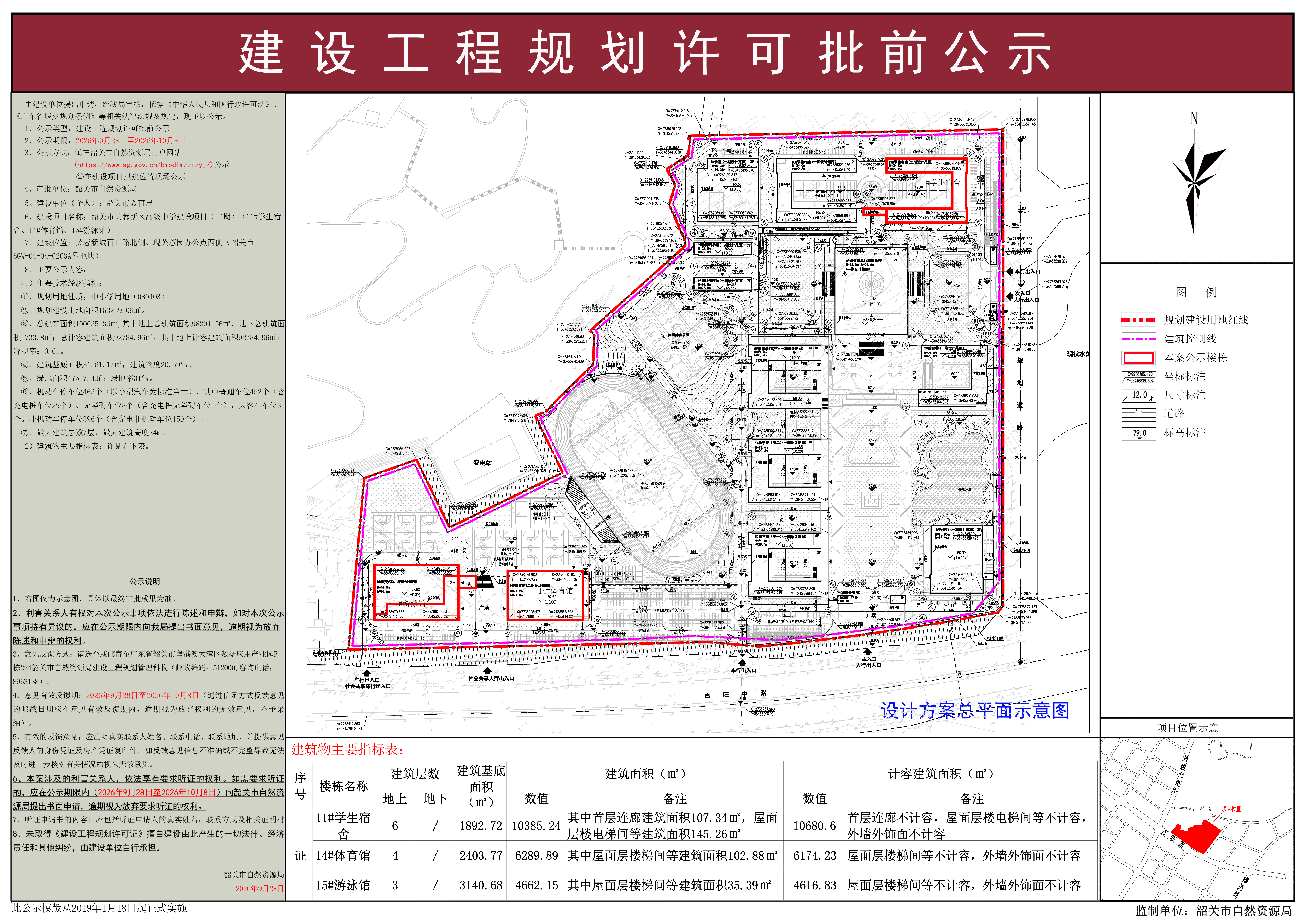 韶关市芙蓉新区高级中学建设项目（二期）（11#学生宿舍、14#体育馆、15#游泳馆）建设工程规划许可批前公示.jpg